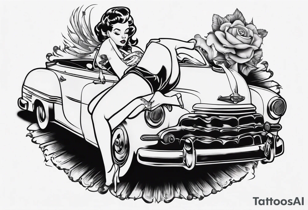 pinup doll laying on the hood of a classic vintage car tattoo idea