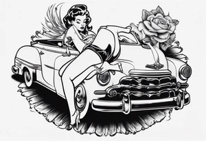 pinup doll laying on the hood of a classic vintage car tattoo idea