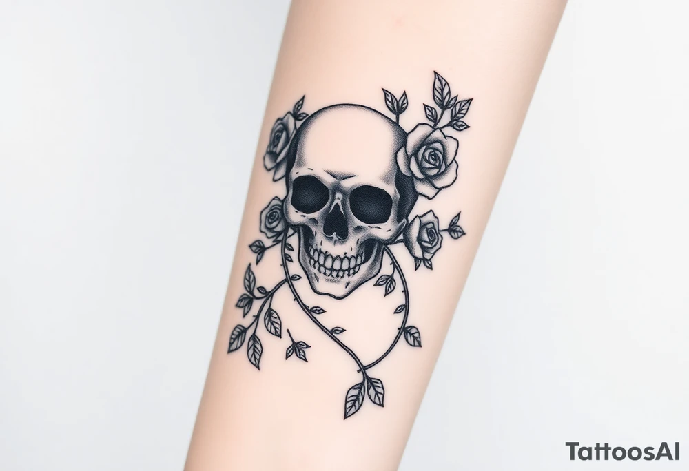 gothic skull intertwined with climbing roses and thorny vines tattoo idea