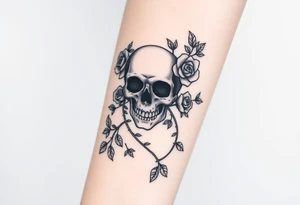 gothic skull intertwined with climbing roses and thorny vines tattoo idea
