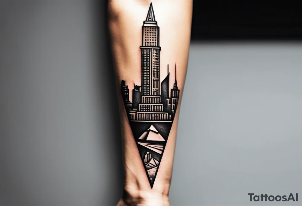 Create a visually dynamic tattoo that seamlessly blends the timeless elegance of the three Pyramids of Giza with the modern allure of the Manhattan skyline. Envision the pyramids standing majestically, perhaps incorporating subtle Egyptian motifs like hieroglyphs or an ankh, transitioning smoothly into the iconic structures of New York, such as the Empire State Building and One World Trade Center. tattoo idea