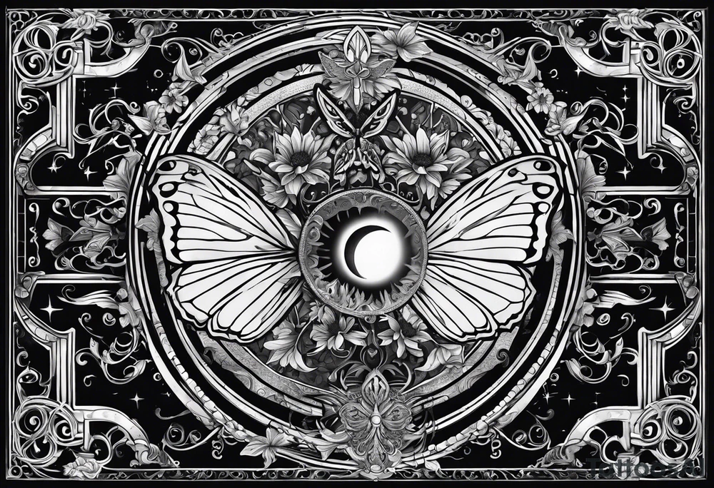 back tattoo with sun with face on left and moon with face on right but a butterfly with a cross in the middle tattoo idea