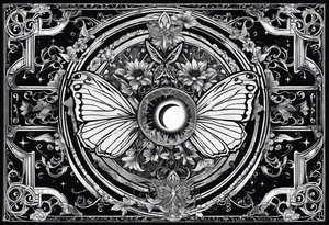 back tattoo with sun with face on left and moon with face on right but a butterfly with a cross in the middle tattoo idea