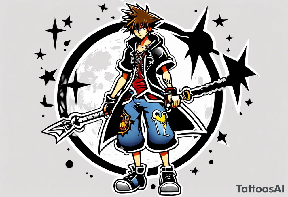 sora from kingdom hearts, weilding sora’s keyblade, silhouette of sora in the background against the moon, sora full body frontal, bicep tattoo, forearm tattoo, neotraditional style tattoo idea