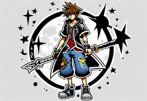 sora from kingdom hearts, weilding sora’s keyblade, silhouette of sora in the background against the moon, sora full body frontal, bicep tattoo, forearm tattoo, neotraditional style tattoo idea