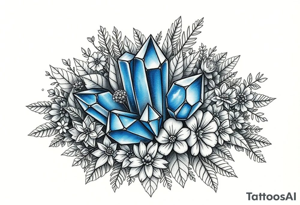 cluster of three vibrant blue crystals interwoven between foliage so that it looks like the leaves and foliage and flowers are weaving in and out and wrapping around the crystals. 

Surround these with a dense arrangement of black-and-grey foliage, flowers, and shrubs. The crystals should be faceted, standing out vividly in blue against the surrounding monochrome elements.

Integrate additional smaller crystal clusters (each with 3–4 crystals) throughout the foliage, but render these in fine black-and-grey linework so they blend naturally with the botanical elements. Use dotwork and fine shading for depth, with clean linework that balances organic foliage with the sharp geometry of the crystals.

All elements are black and grey except the main central crystal cluster, which is a striking blue. tattoo idea