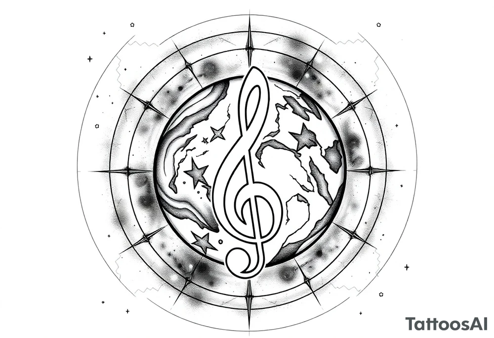 system of the universe with earth and a clef for my love to music, tattoo idea