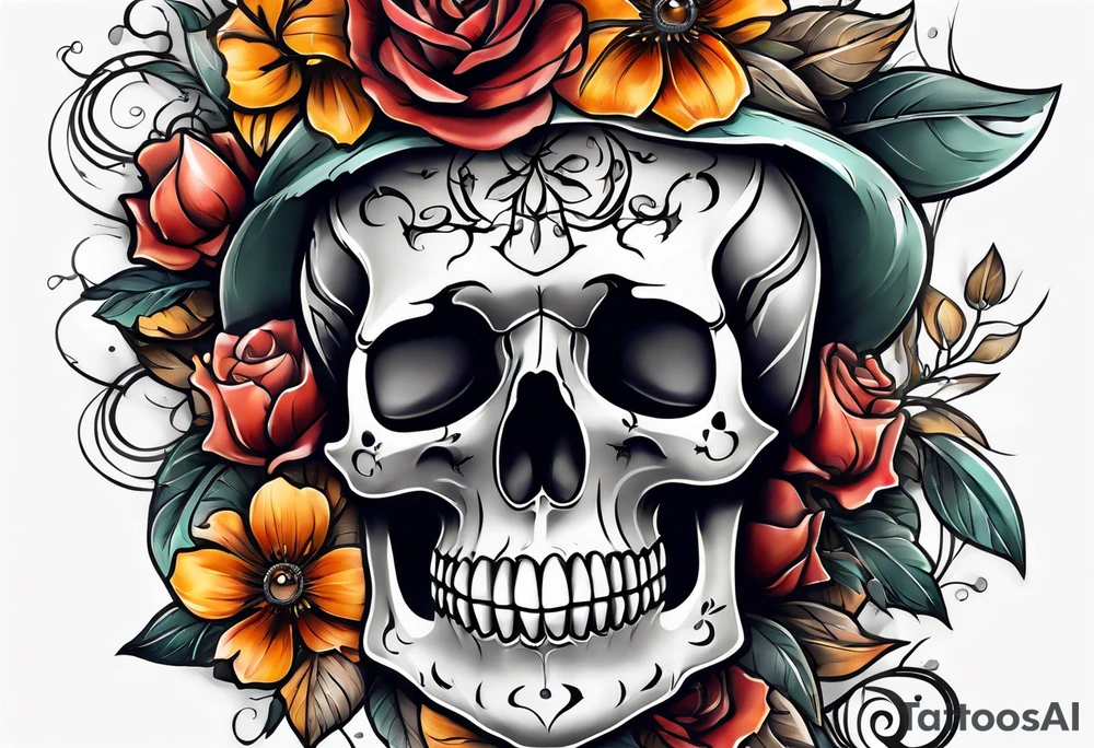 Knee tattoo with skulls, flower shapes and fall colors tattoo idea