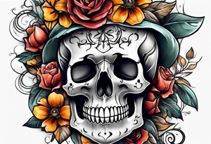 Knee tattoo with skulls, flower shapes and fall colors tattoo idea