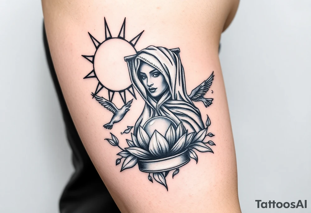 sun and moon embrace with lotus flower in a hour glass that breaks into flying birds and a clock in background with an arab woman with scarf over her face tattoo idea