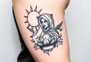 sun and moon embrace with lotus flower in a hour glass that breaks into flying birds and a clock in background with an arab woman with scarf over her face tattoo idea