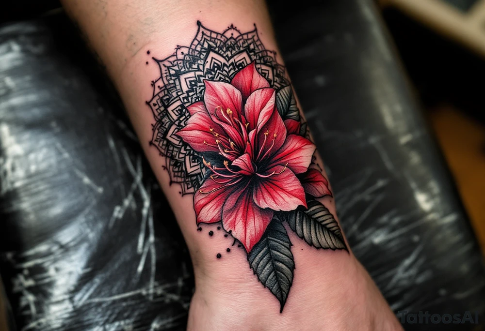 red  and black rhododendron trippy with mandala behind tattoo idea