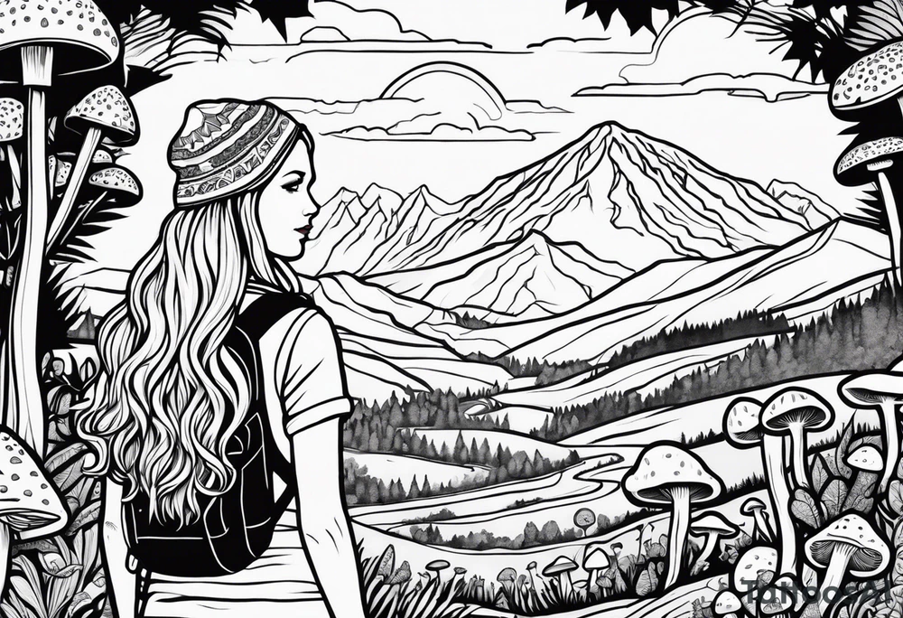 Straight long blonde hair hippie girl in distance holding mushrooms in hand facing away toward mountains and creek surrounded by mushrooms tee shirt and hiking pants tattoo idea