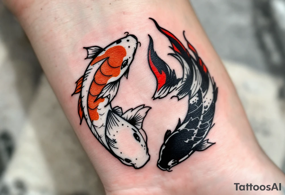 Dual Koi Yin-Yang Design – Two koi, one white with orange patches and the other black with red tips, forming a yin-yang circle to represent balance and duality. tattoo idea