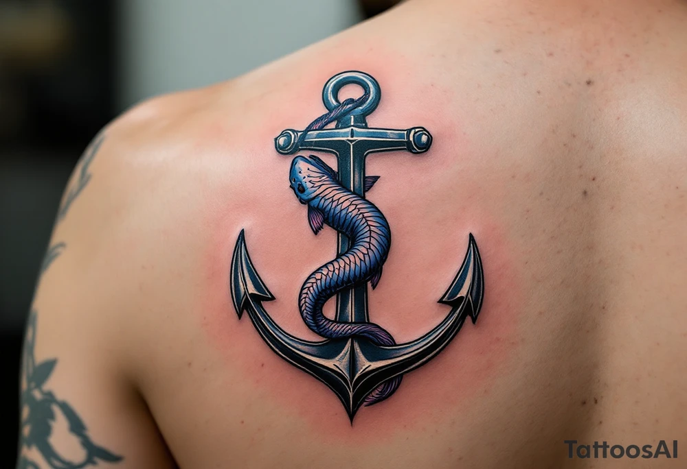 Catfish Wrapped Around Anchor – A dark blue-gray catfish coiled protectively around a weathered iron anchor, symbolizing strength, grounding, and loyalty. tattoo idea