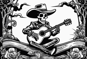 A skeleton with a cowboy hat on playing the guitar while sitting on a gravestone engraved with the words "Still Kickin'" and a pair of cowboy boots tattoo idea