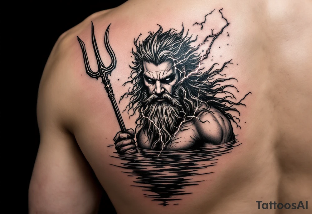 fit poseidon, behind a trident, with lightning, in calm water tattoo idea