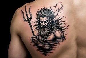fit poseidon, behind a trident, with lightning, in calm water tattoo idea