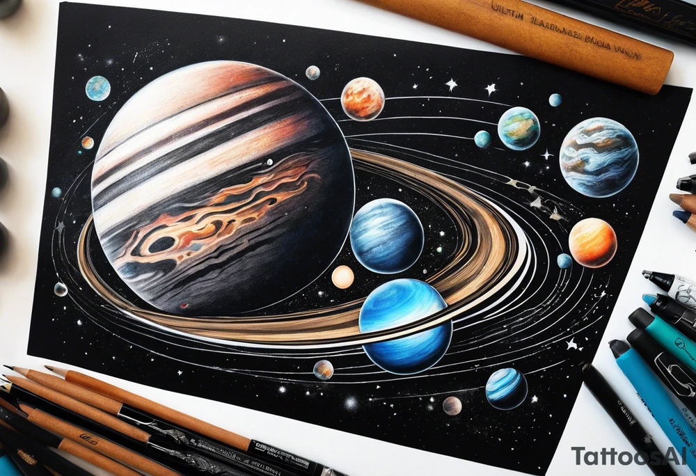 Half sleeve tattoo of planets orbiting a black hole. tattoo idea