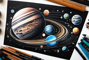 Half sleeve tattoo of planets orbiting a black hole. tattoo idea