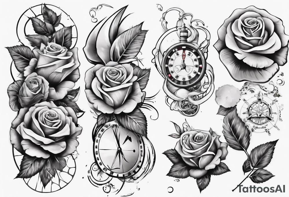Half-sleeve with roses, beach theme and gambling tattoo idea Half-sleeve with roses, beach theme and gambling tattoo idea