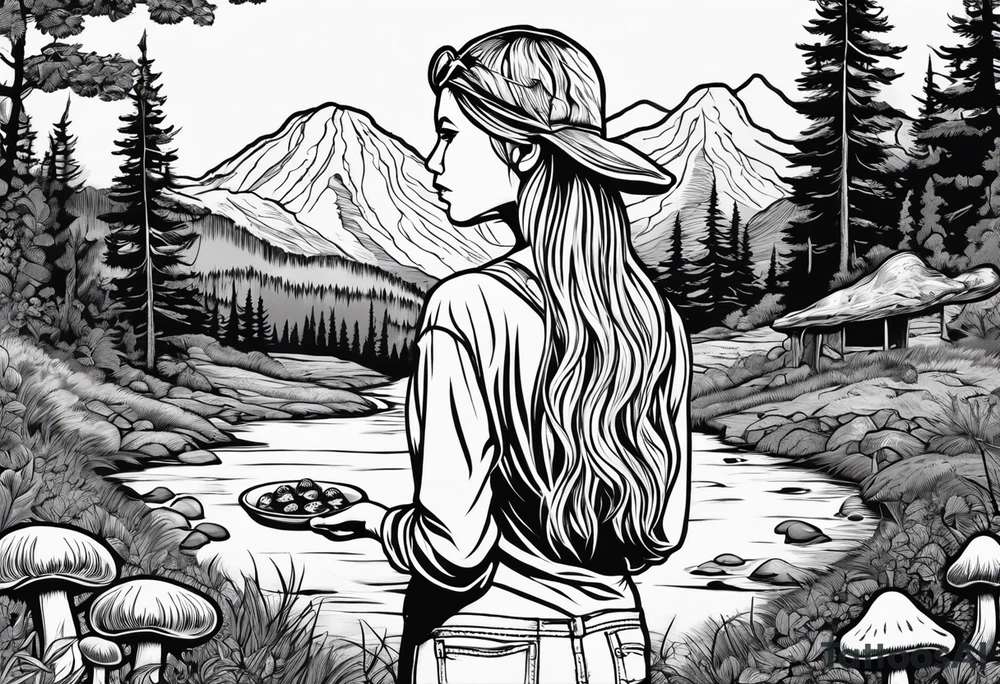 Whole picture encircled fully

Straight long blonde hair hippie girl in distance holding mushrooms in hand facing away toward mountains and creek surrounded by mushrooms long sleeve shirt and hiking pants; whole rendering within a full circle, no cut off circle tattoo idea