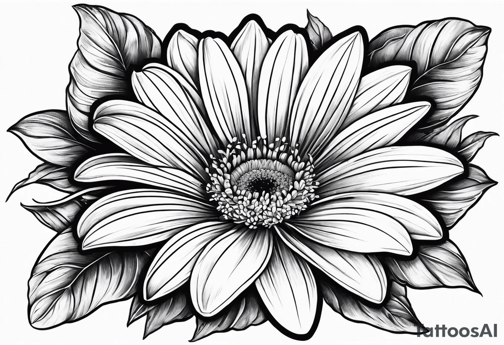 Large daisy flower with a lily flower no stem few leaves around them tattoo idea