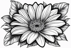 Large daisy flower with a lily flower no stem few leaves around them tattoo idea