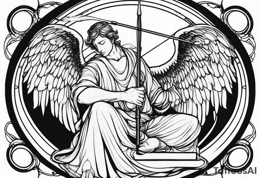 male angel with wings and a halo sitting peacefully with fishing rod tattoo idea