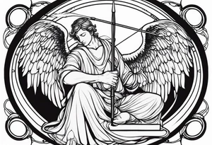 male angel with wings and a halo sitting peacefully with fishing rod tattoo idea