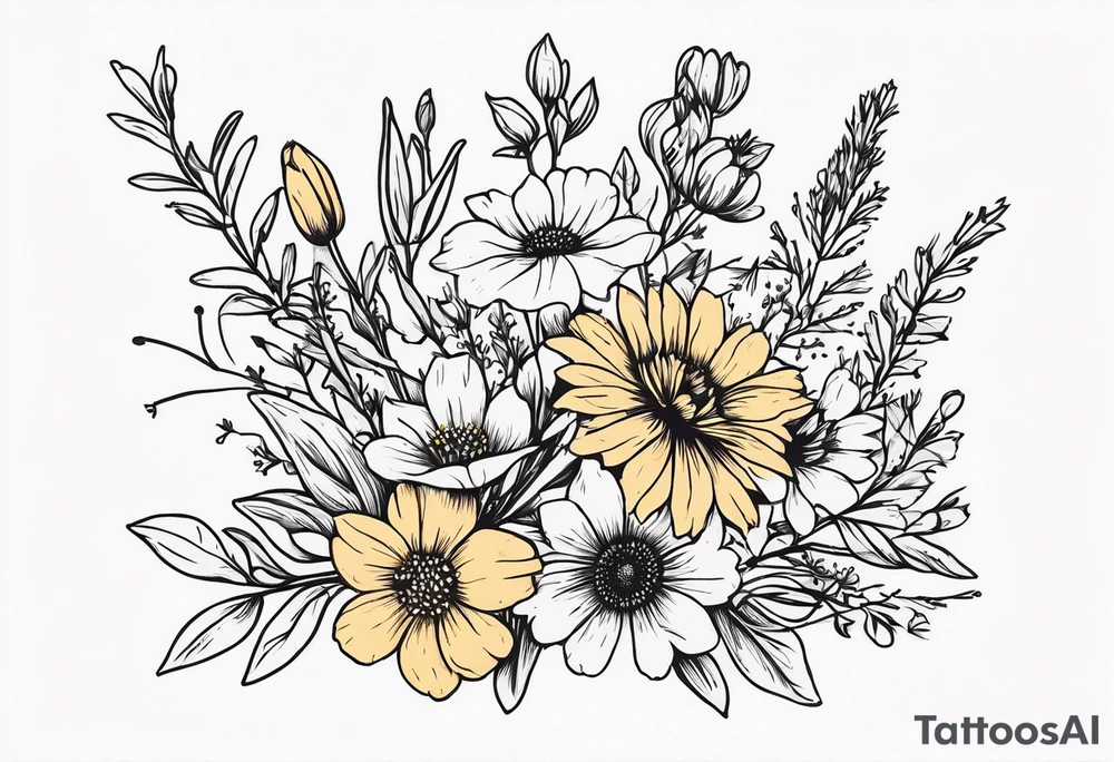 Bouquet of wildflowers tied to a broom handle tattoo idea