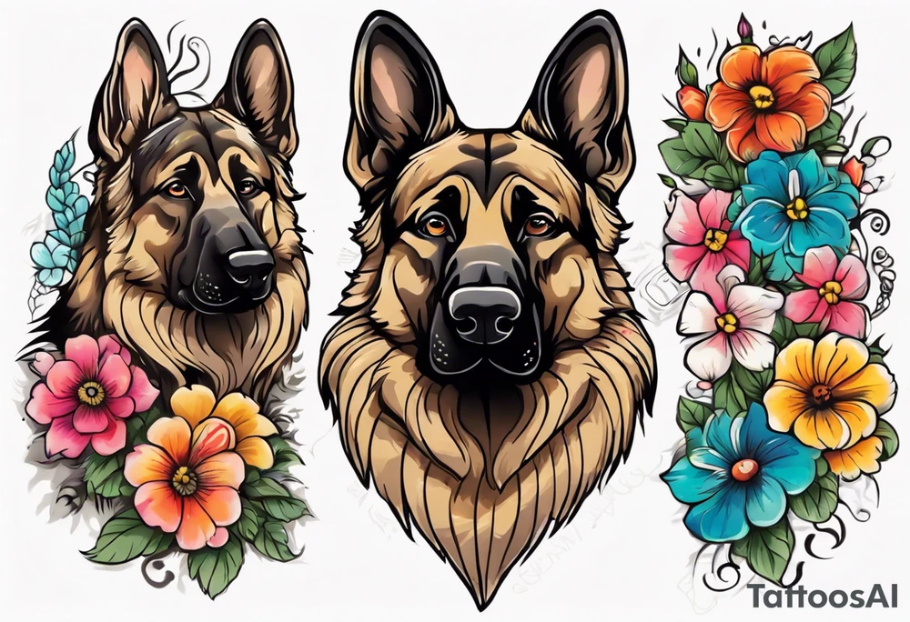Sable haired German shepherd portrait brightly colored with flowers tattoo idea