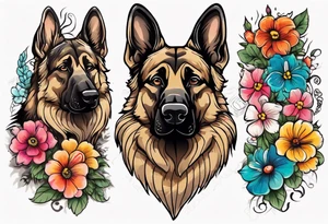 Sable haired German shepherd portrait brightly colored with flowers tattoo idea