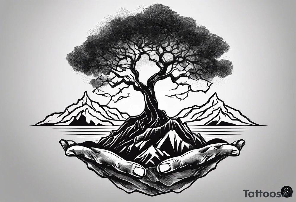 The roots of the tree break out of the chains at the bottom of the hand, turning into branches that reach towards the sky. In the background is a silhouette of mountains or the horizon, symbolizing hope tattoo idea