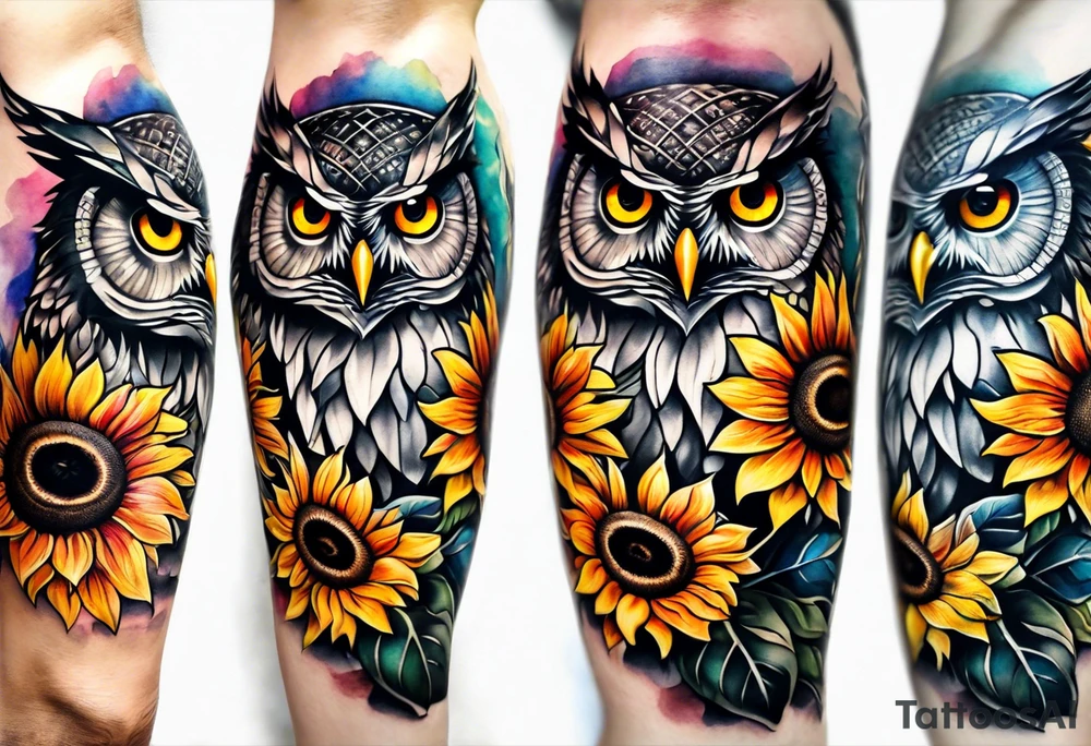 Leg sleeve with colorful sunflowers and an owl tattoo idea