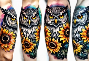 Leg sleeve with colorful sunflowers and an owl tattoo idea