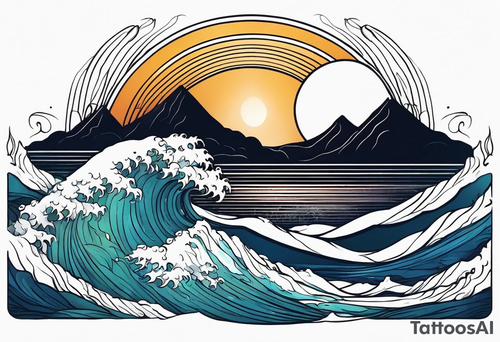 waves in ocean simple with in circle with sun tattoo idea