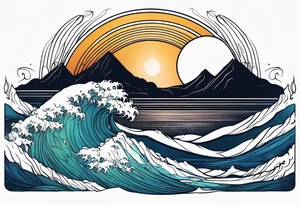 waves in ocean simple with in circle with sun tattoo idea
