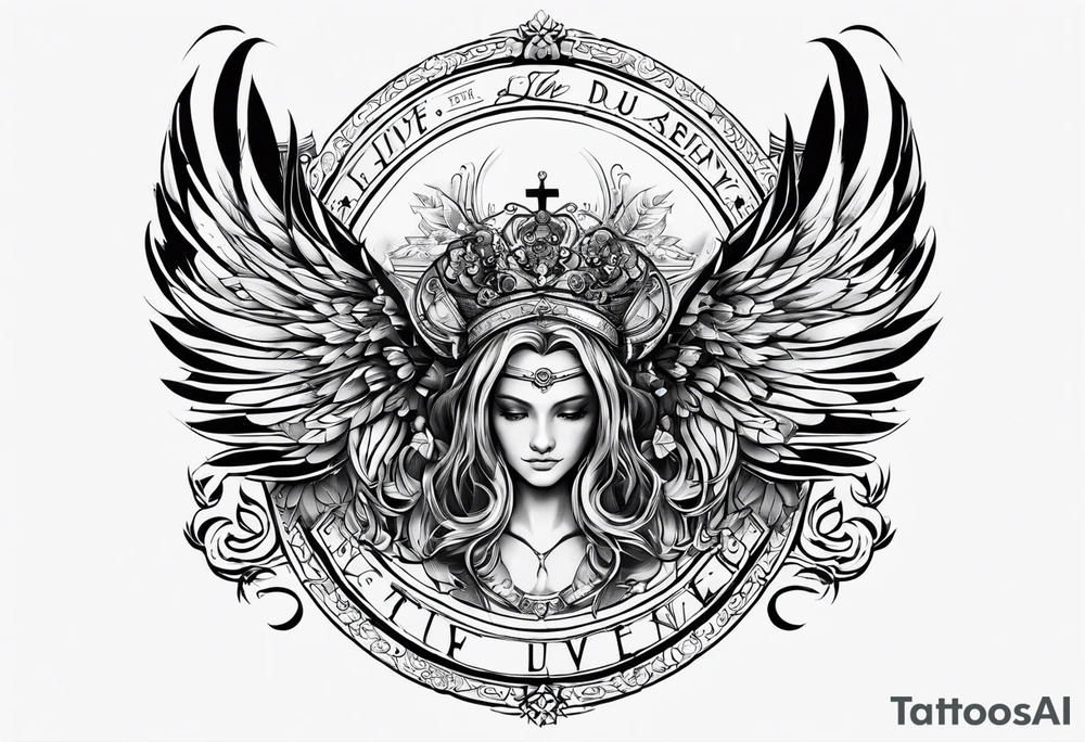 A tattoo with the letters “Lev livet mens du kan” with an angel tattoo idea