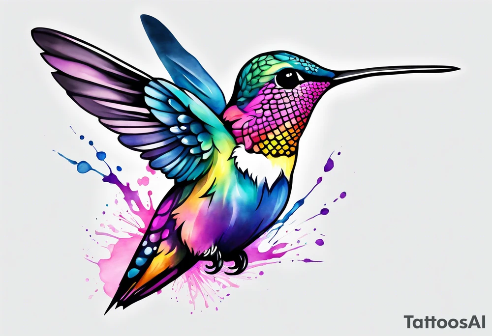 hummingbird watercolor pink purple blue yellow tattoo idea