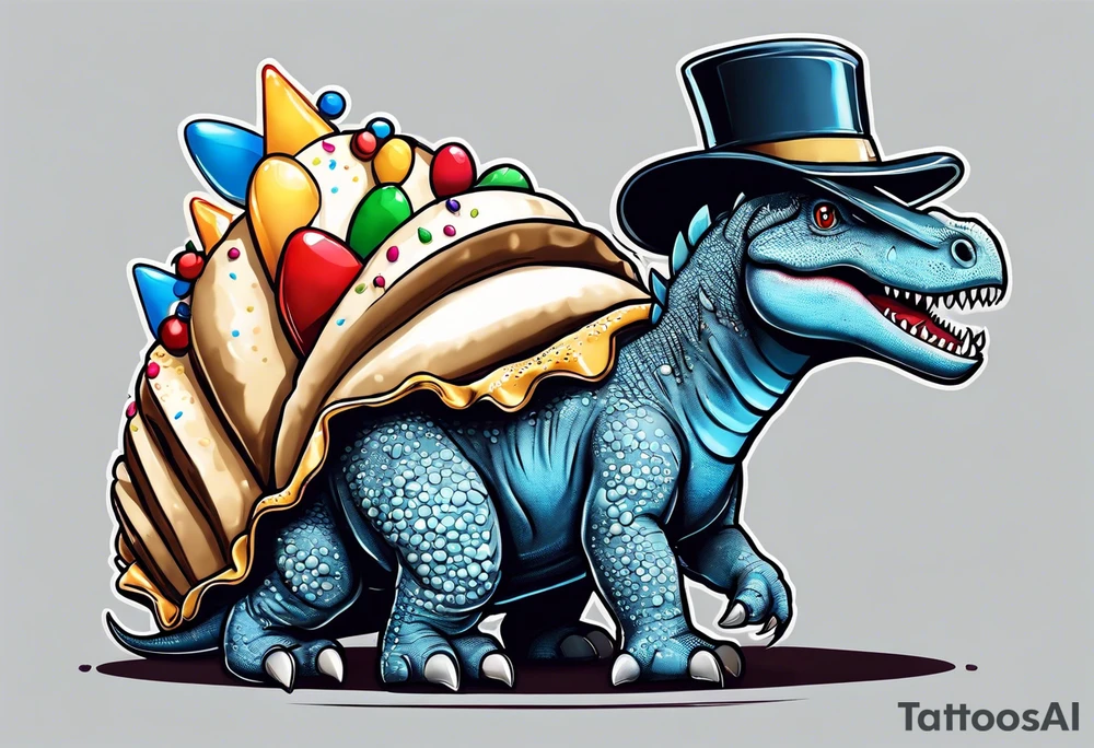 Stegosaurs with a birthday cone hat, eating a piece of cake tattoo idea
