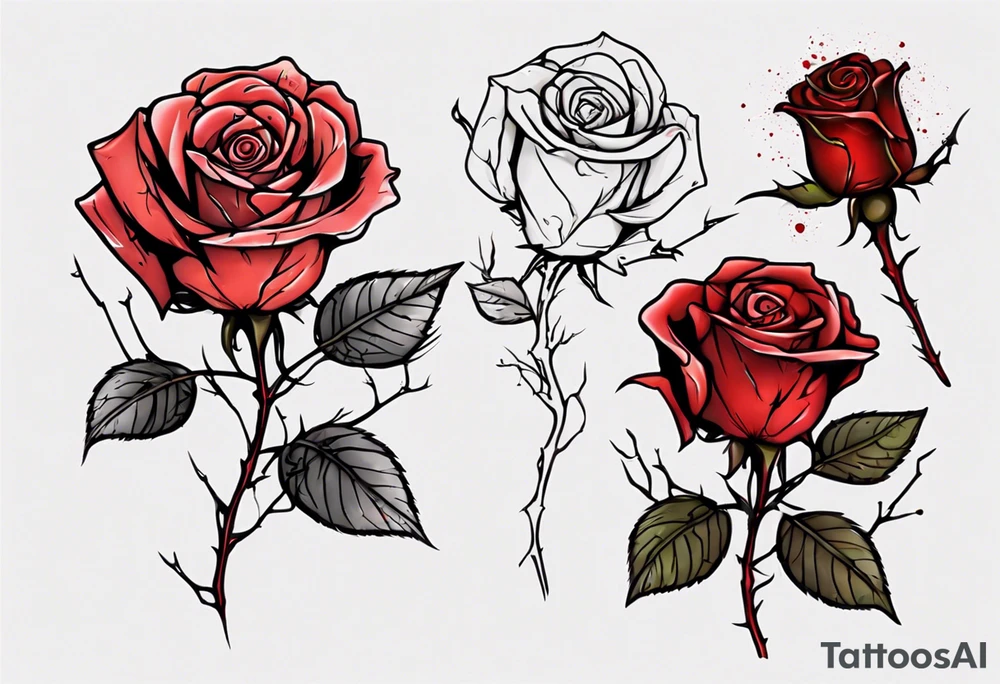a one-line rose, add some splattered red blood and thorns, small, with stem tattoo idea