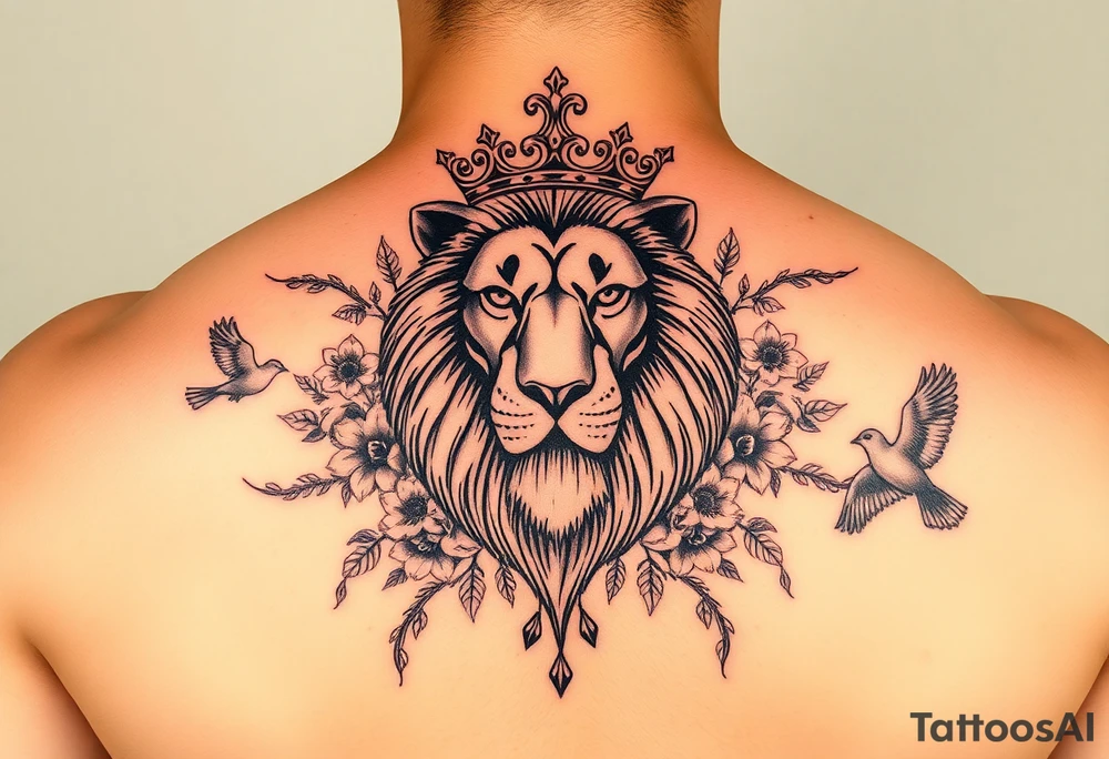 powerful majestic lion with a crown, surrounded by floral ornaments and birds tattoo idea