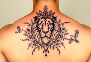 powerful majestic lion with a crown, surrounded by floral ornaments and birds tattoo idea