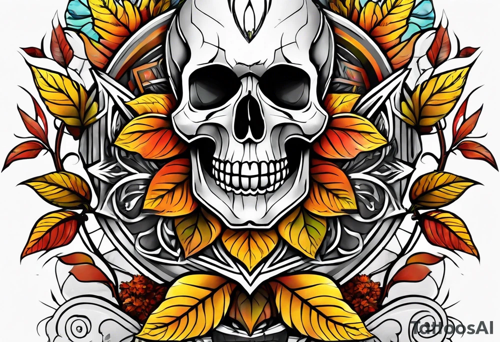 Knee tattoo with skull and fall colors tattoo idea