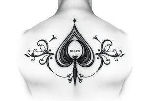 A spade womb tattoo with a Q in the center, with three points around the outside. The first reading, "BLACK". The second reading, "SEED". The third reading, "ONLY". tattoo idea