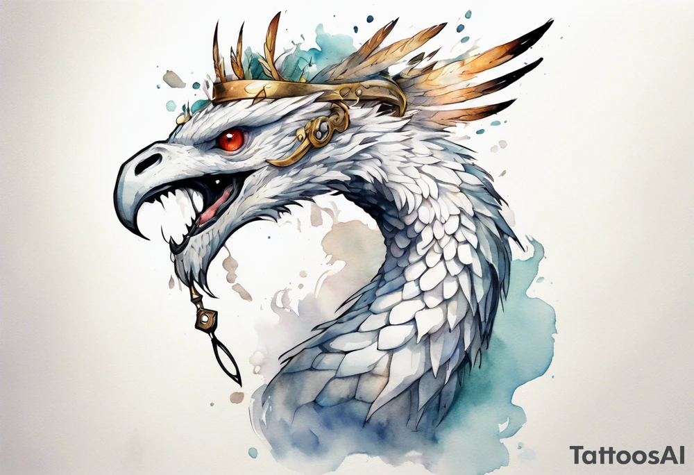 a white bird-serpent hybrid, wearing an iron crown on its head tattoo idea
