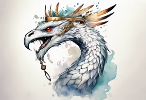 a white bird-serpent hybrid, wearing an iron crown on its head tattoo idea