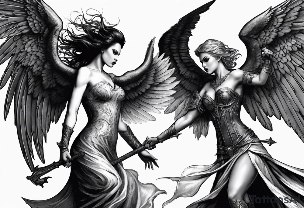 angel woman and devil woman fighting, arguing on the sky , big wings and full body, angel at the right side and have normal wing but devil woman at the left side and with bat wing tattoo idea