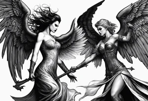angel woman and devil woman fighting, arguing on the sky , big wings and full body, angel at the right side and have normal wing but devil woman at the left side and with bat wing tattoo idea